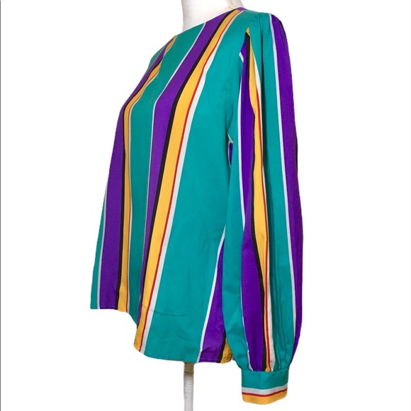 Vintage 90's Turquoise Rainbow Stripe Blouse - Picture 6 of 12